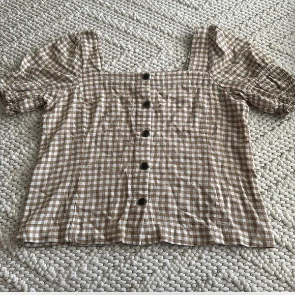 Madewell Gingham Jacquard Square Neck Puff Sleeve Top| Trendy Preppy Business - Picture 4 of 6